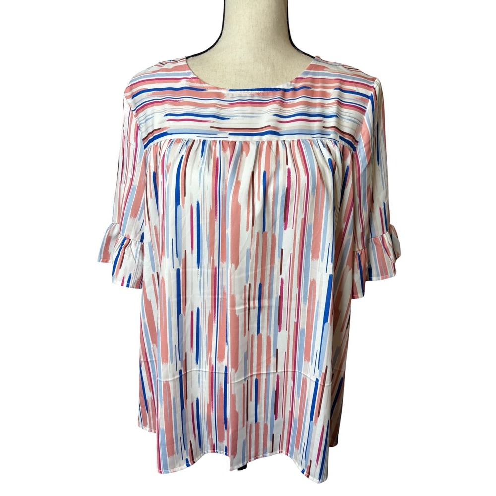 Womens Multi-Color Abstract Stripe Ruffle Sleeve Blouse Top Medium Short Sleeve